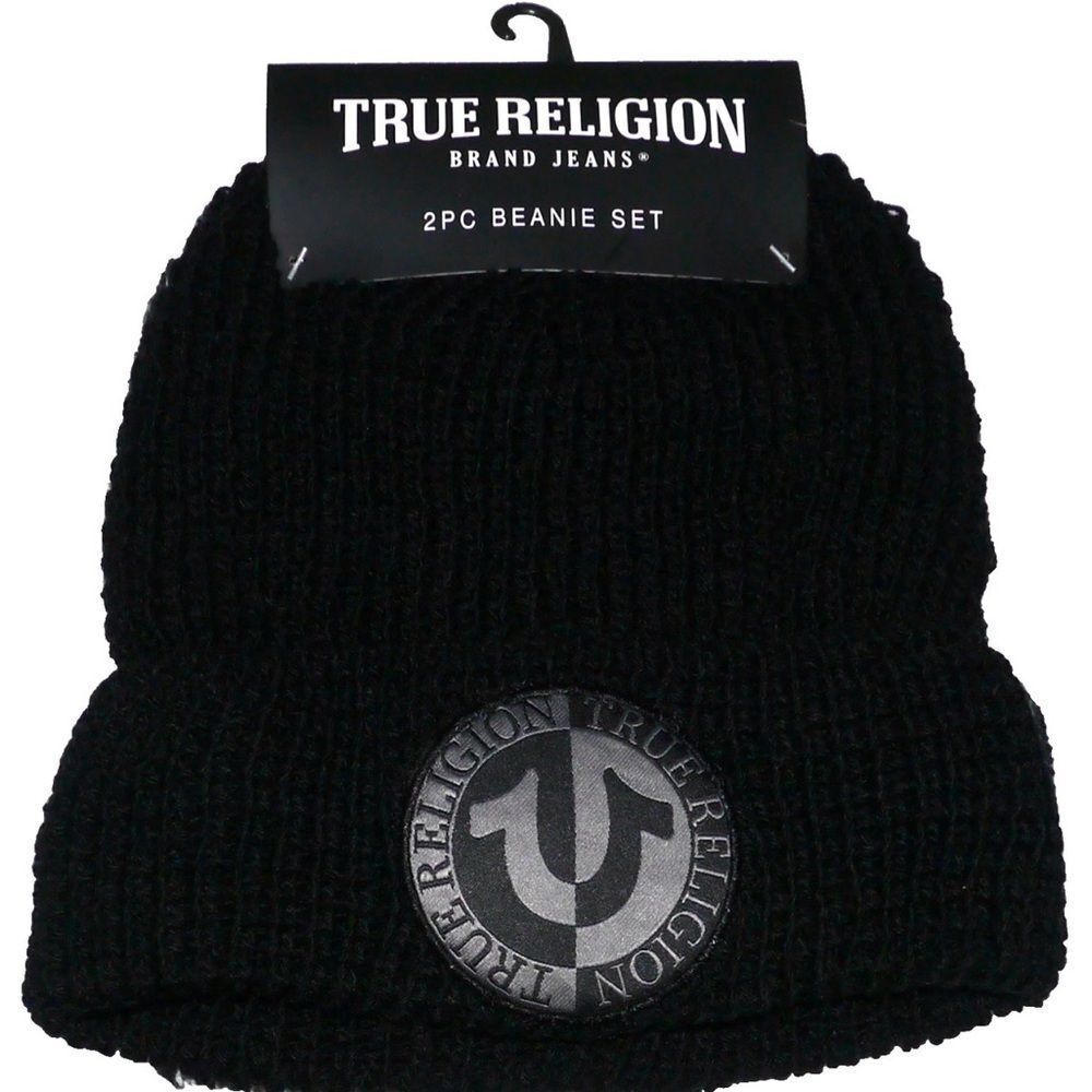 NWT True Religion Set of 2 Beanies Black & Gray - Lined Hats Logo on Cap - Picture 2 of 6